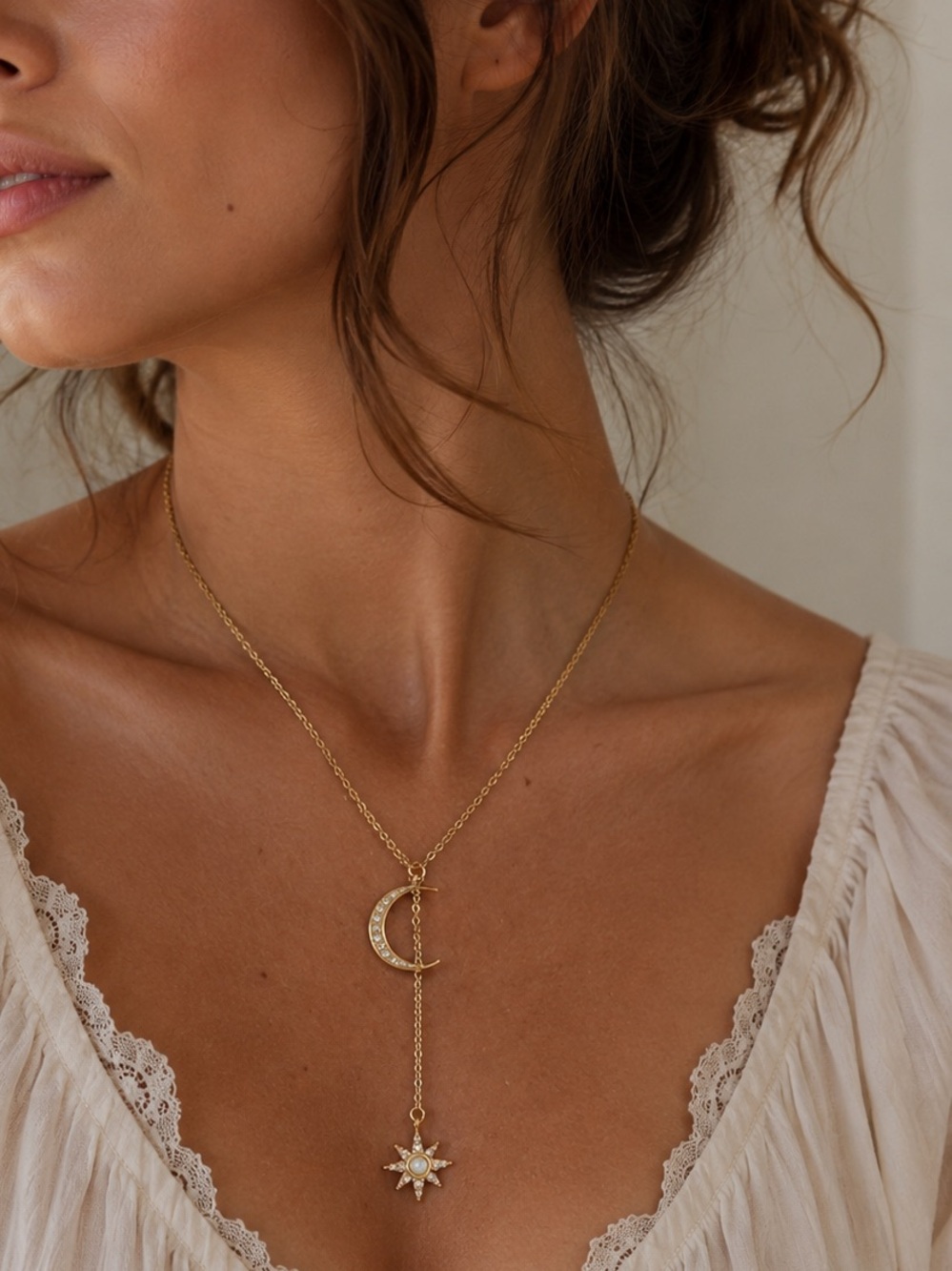 Gold Moon, Star Pendant Necklace Celestial Y Necklace Fairycore Sun Moon Jewelry